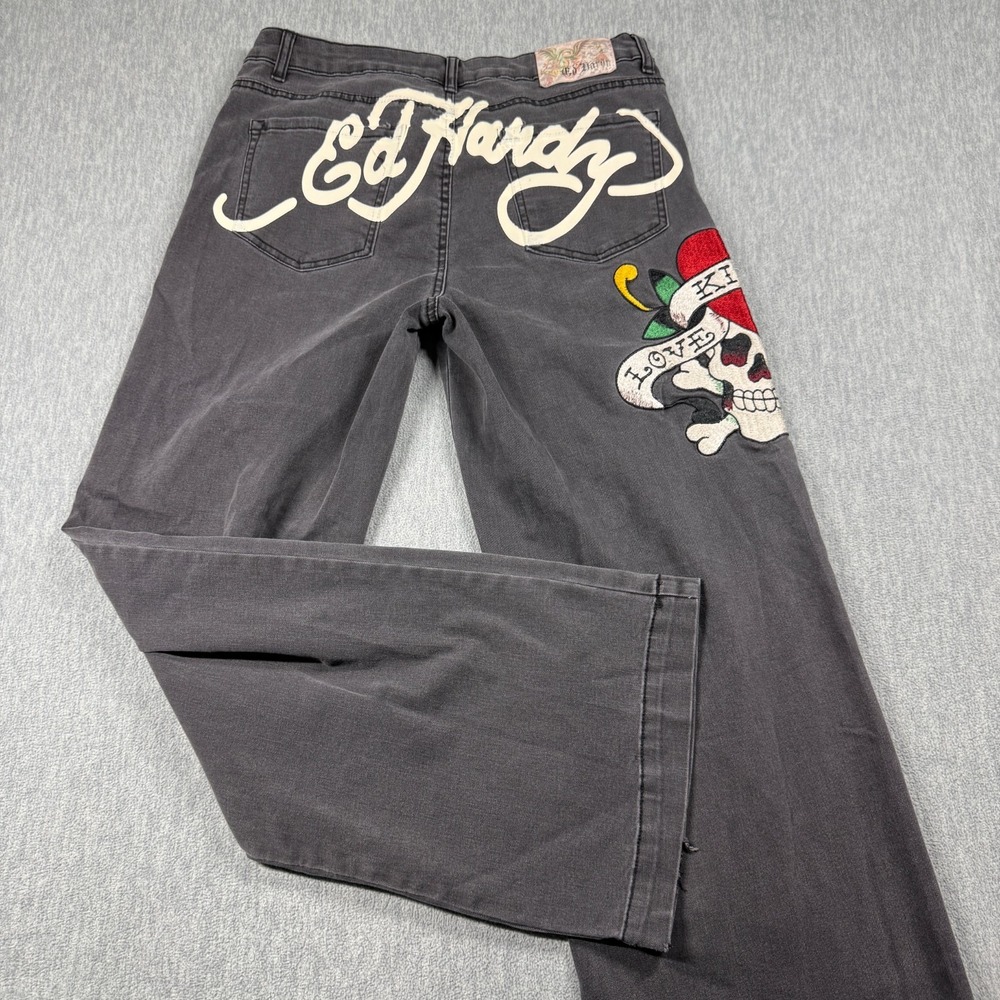 Ed Hardy Women 30 Love Kills Slowly Skull Tattoo Embroidered Y2K Wide Leg Jeans